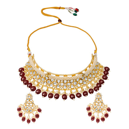 Traditional Indian Gold Plated Kundan,CZ, Studded Choker Wedding, Bridal Necklace with Matching Earring Jewelry Set For Women - Maroon (SJN_264_M)