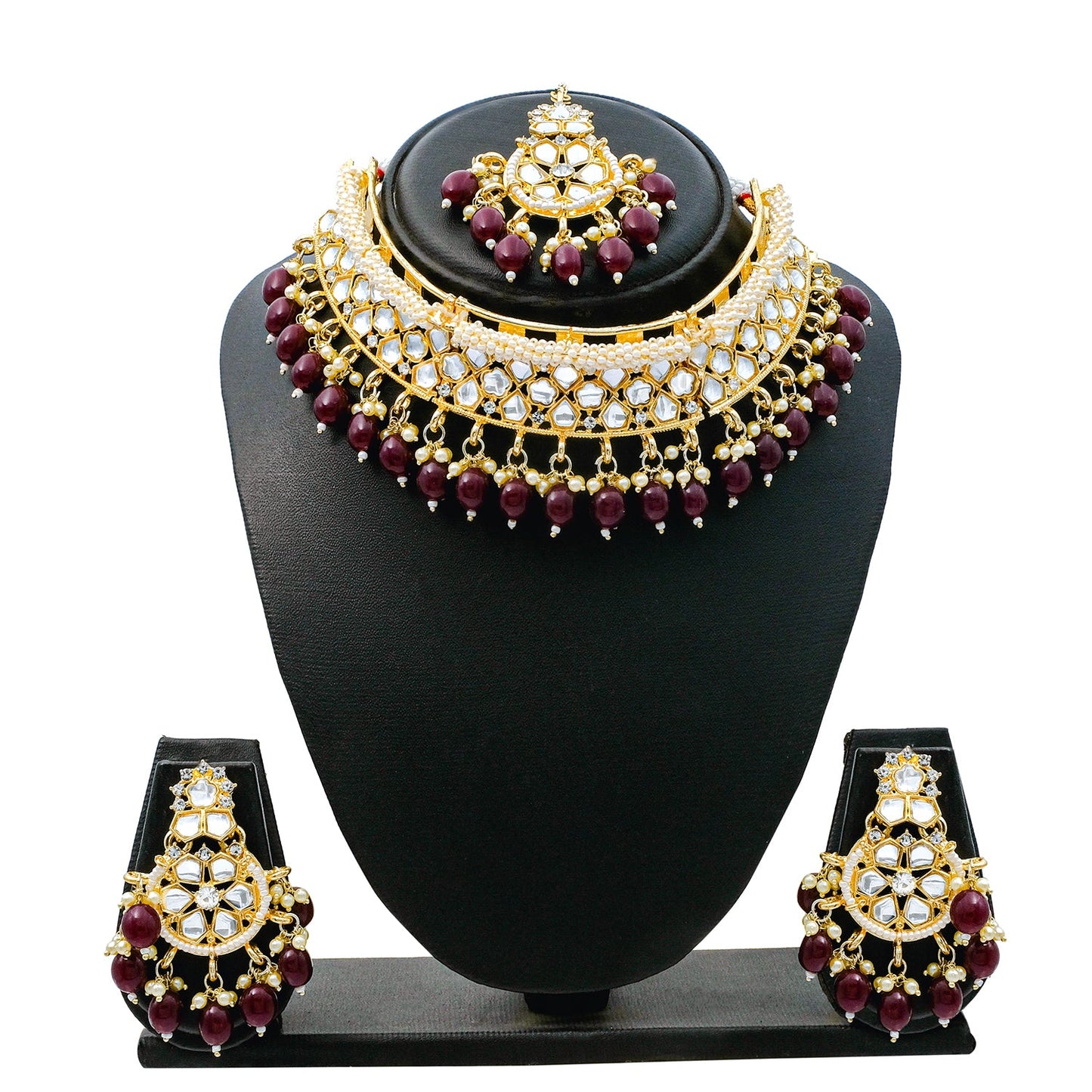 Traditional Indian Gold Plated Kundan,CZ, Studded Choker Wedding, Bridal Necklace with Matching Earring Jewelry Set For Women - Maroon (SJN_264_M)