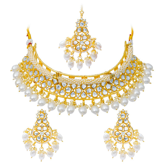 Traditional Indian Gold Plated Kundan,CZ, Studded Choker Wedding, Bridal Necklace with Matching Earring Jewelry Set For Women - White (SJN_264_W)