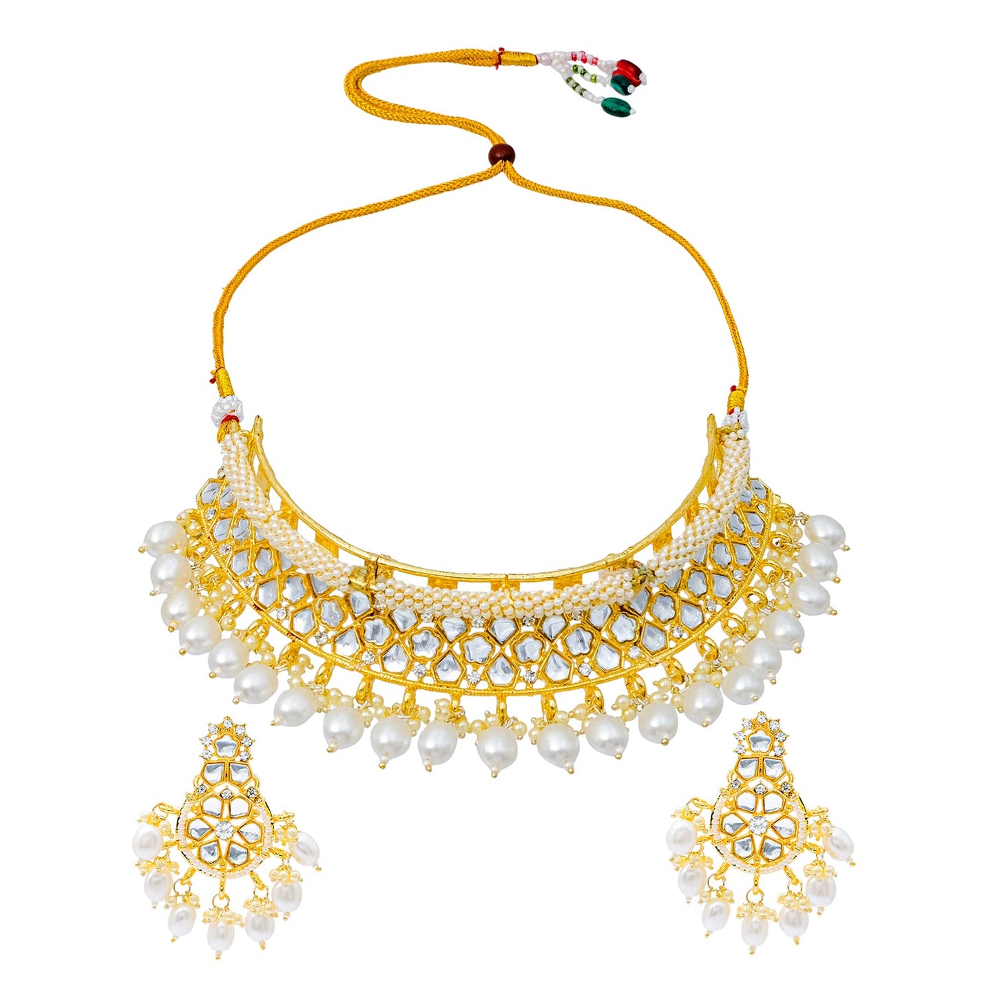 Traditional Indian Gold Plated Kundan,CZ, Studded Choker Wedding, Bridal Necklace with Matching Earring Jewelry Set For Women - White (SJN_264_W)