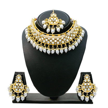 Traditional Indian Gold Plated Kundan,CZ, Studded Choker Wedding, Bridal Necklace with Matching Earring Jewelry Set For Women - White (SJN_264_W)