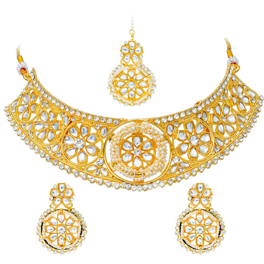 Traditional Indian Gold Plated Kundan,CZ, Studded Choker Wedding, Bridal Necklace with Matching Earring Jewelry Set For Women - (SJN_265)