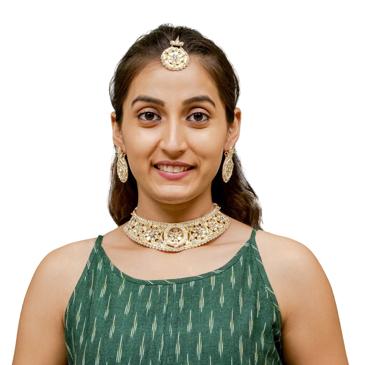 Traditional Indian Gold Plated Kundan,CZ, Studded Choker Wedding, Bridal Necklace with Matching Earring Jewelry Set For Women - (SJN_265)