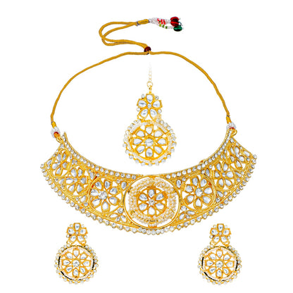 Traditional Indian Gold Plated Kundan,CZ, Studded Choker Wedding, Bridal Necklace with Matching Earring Jewelry Set For Women - (SJN_265)