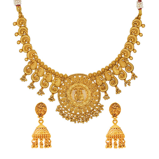 Traditional Indian Antique Gold Plated IntricateTemple Jewellery Dori Bridal Wedding Necklace Set For Women - (SJN_266)