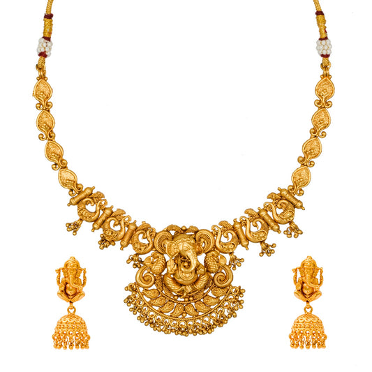 Traditional Indian Antique Gold Plated IntricateTemple Jewellery Dori Bridal Wedding Necklace Set For Women - (SJN_267)