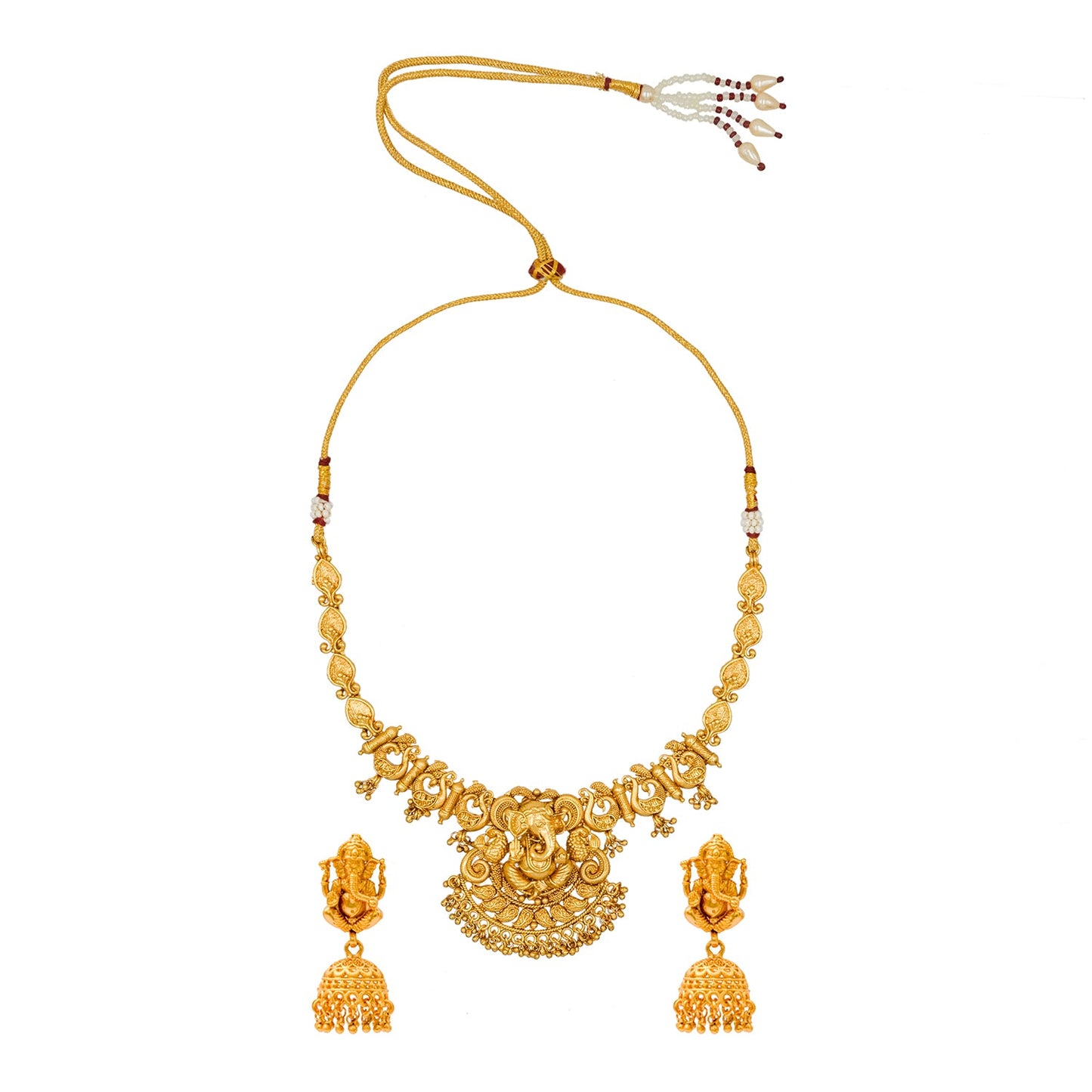 Traditional Indian Antique Gold Plated IntricateTemple Jewellery Dori Bridal Wedding Necklace Set For Women - (SJN_267)