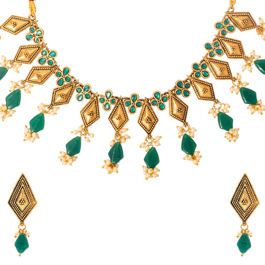 Shining Jewel Traditional Indian Matte Antique Gold Plated Oxidised CZ, Studded Necklace with Matching Earring Jewellery Set For Women - Green (SJN_268_G)