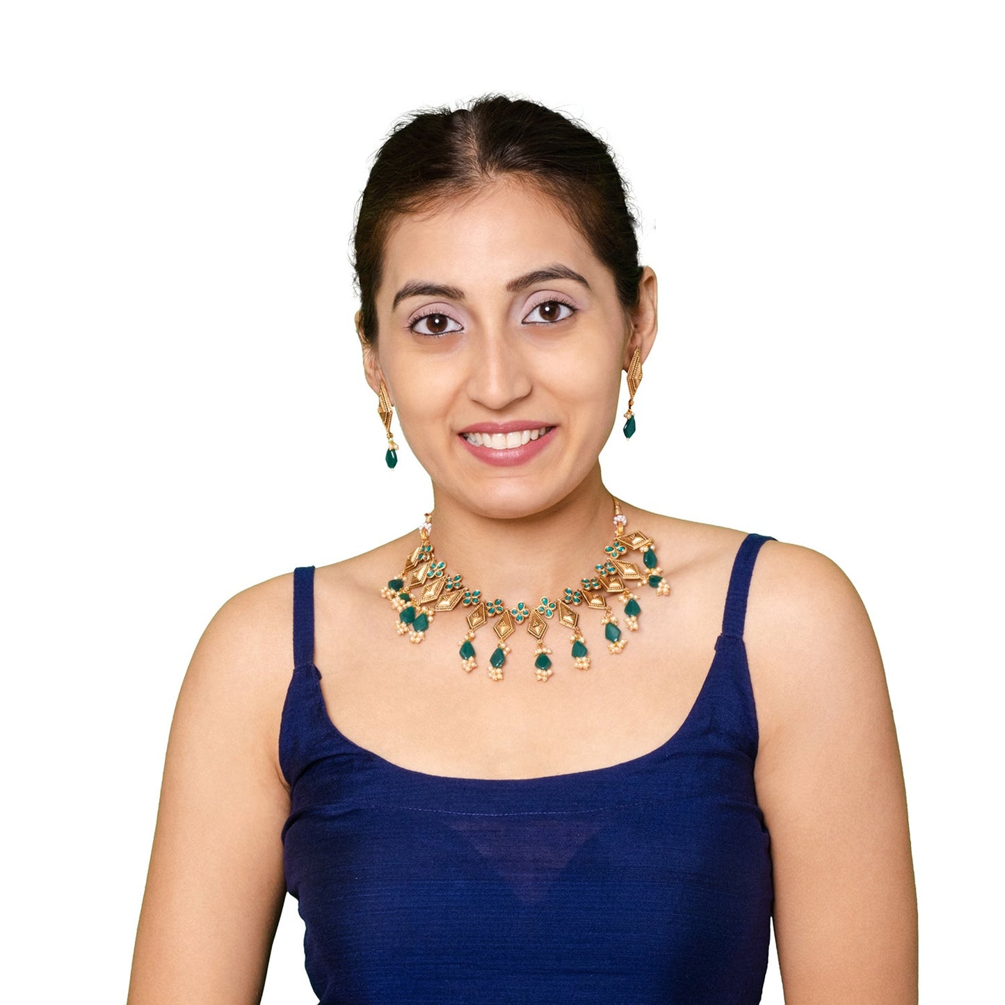 Shining Jewel Traditional Indian Matte Antique Gold Plated Oxidised CZ, Studded Necklace with Matching Earring Jewellery Set For Women - Green (SJN_268_G)