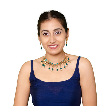 Shining Jewel Traditional Indian Matte Antique Gold Plated Oxidised CZ, Studded Necklace with Matching Earring Jewellery Set For Women - Green (SJN_268_G)