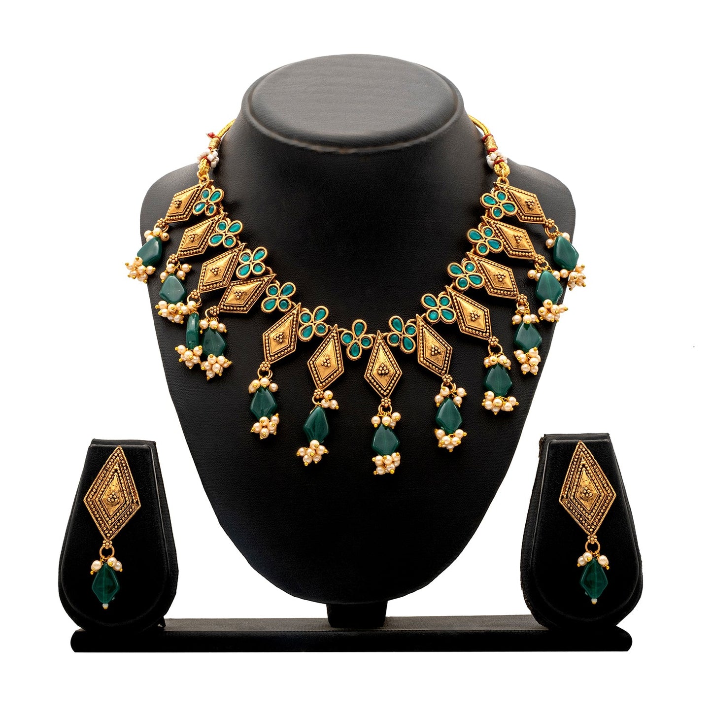 Shining Jewel Traditional Indian Matte Antique Gold Plated Oxidised CZ, Studded Necklace with Matching Earring Jewellery Set For Women - Green (SJN_268_G)