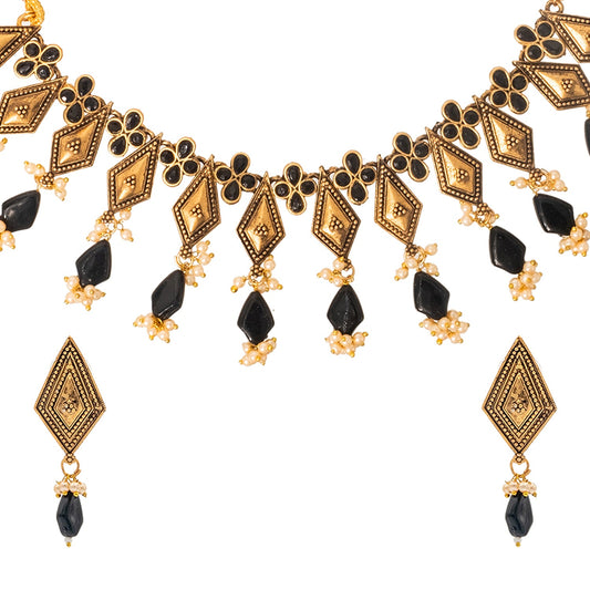 Shining Jewel Traditional Indian Matte Antique Gold Plated Oxidised CZ, Studded Necklace with Matching Earring Jewellery Set For Women - Black (SJN_268_BK)