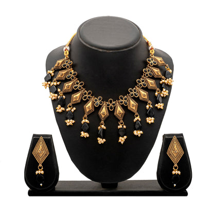 Shining Jewel Traditional Indian Matte Antique Gold Plated Oxidised CZ, Studded Necklace with Matching Earring Jewellery Set For Women - Black (SJN_268_BK)