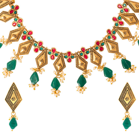 Shining Jewel Traditional Indian Matte Antique Gold Plated Oxidised CZ, Studded Necklace with Matching Earring Jewellery Set For Women - Ruby, Green (SJN_268_R_G)