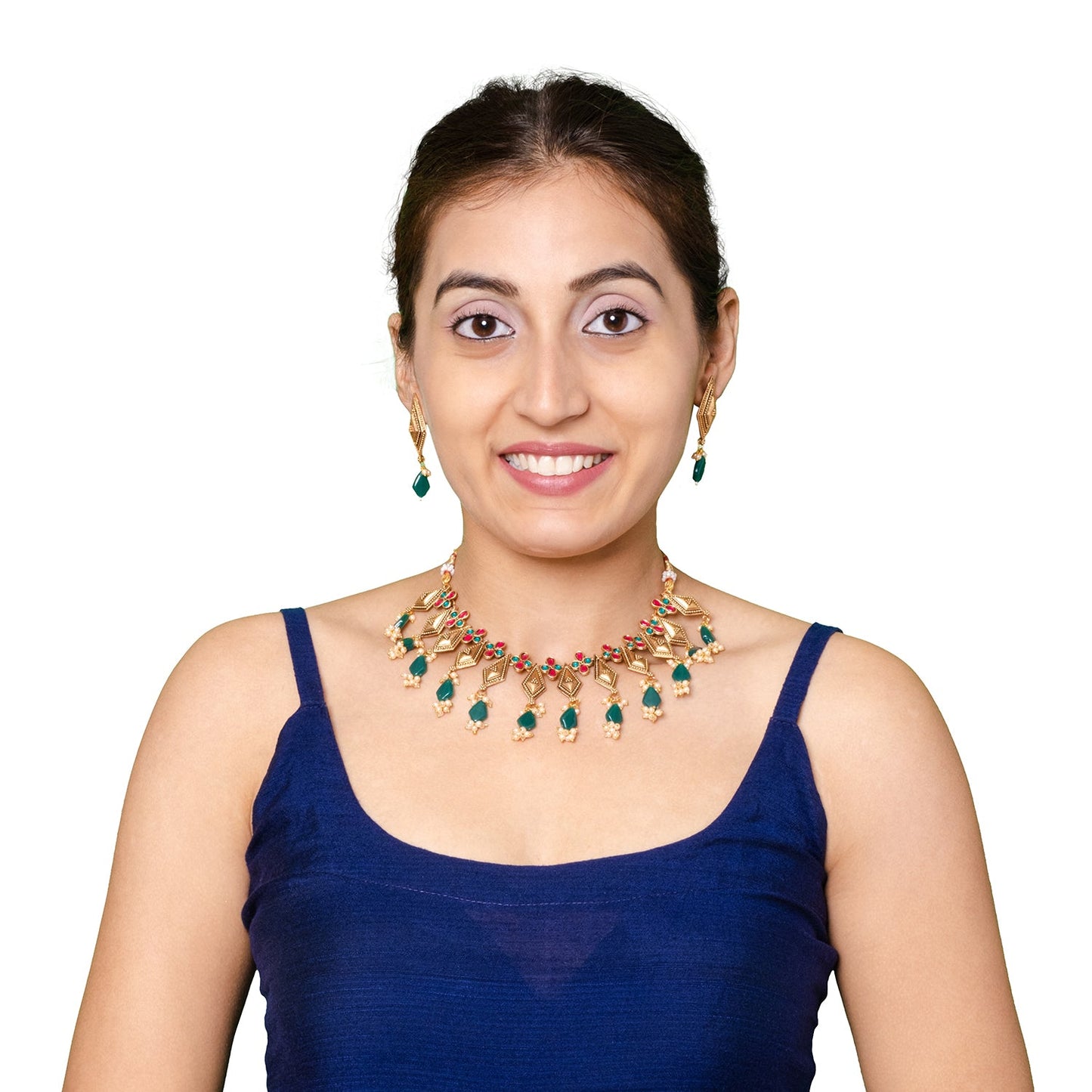 Shining Jewel Traditional Indian Matte Antique Gold Plated Oxidised CZ, Studded Necklace with Matching Earring Jewellery Set For Women - Ruby, Green (SJN_268_R_G)