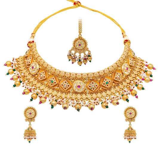 Shining Jewel Traditional Indian Gold Plated Kundan,CZ, Studded Choker Wedding, Bridal Dori Necklace with Matching Earring Jewelry Set For Women - Maroon, Green (SJN_269)