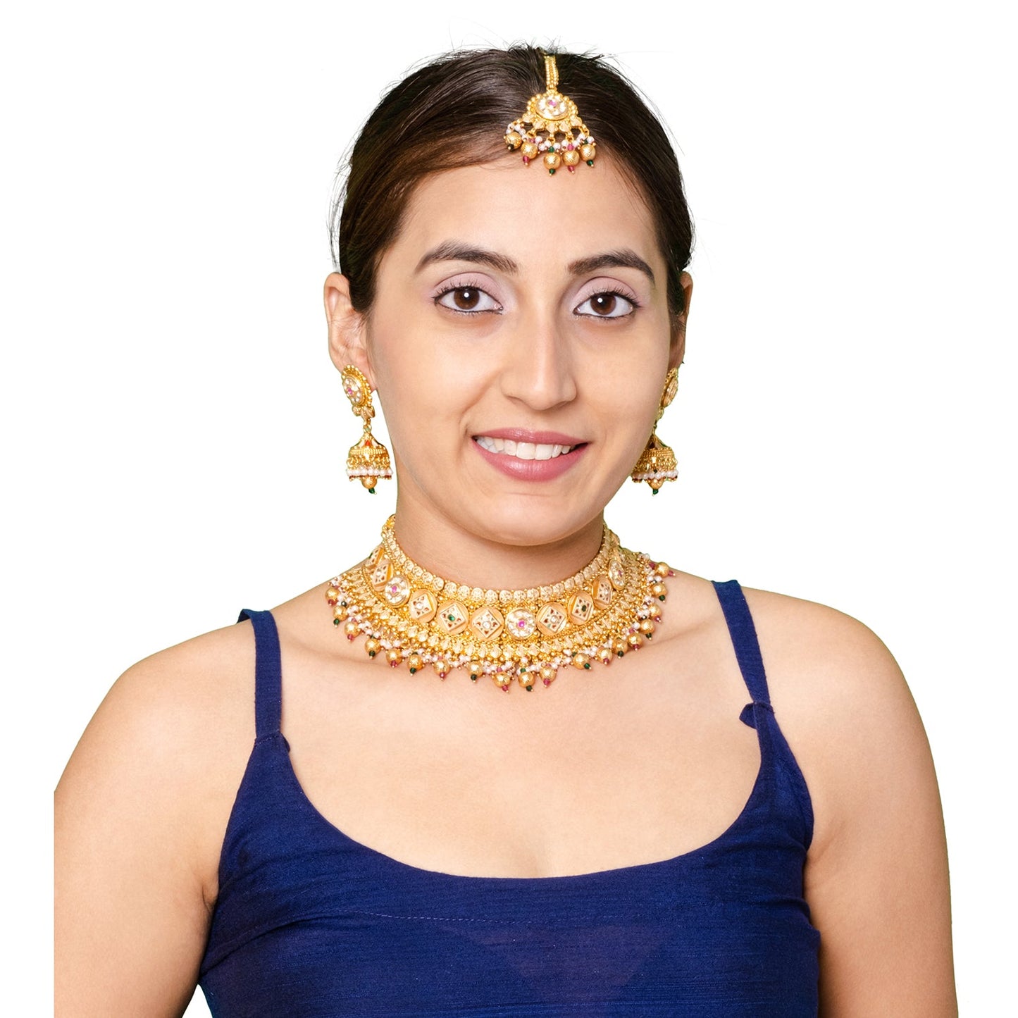 Shining Jewel Traditional Indian Gold Plated Kundan,CZ, Studded Choker Wedding, Bridal Dori Necklace with Matching Earring Jewelry Set For Women - Maroon, Green (SJN_269)