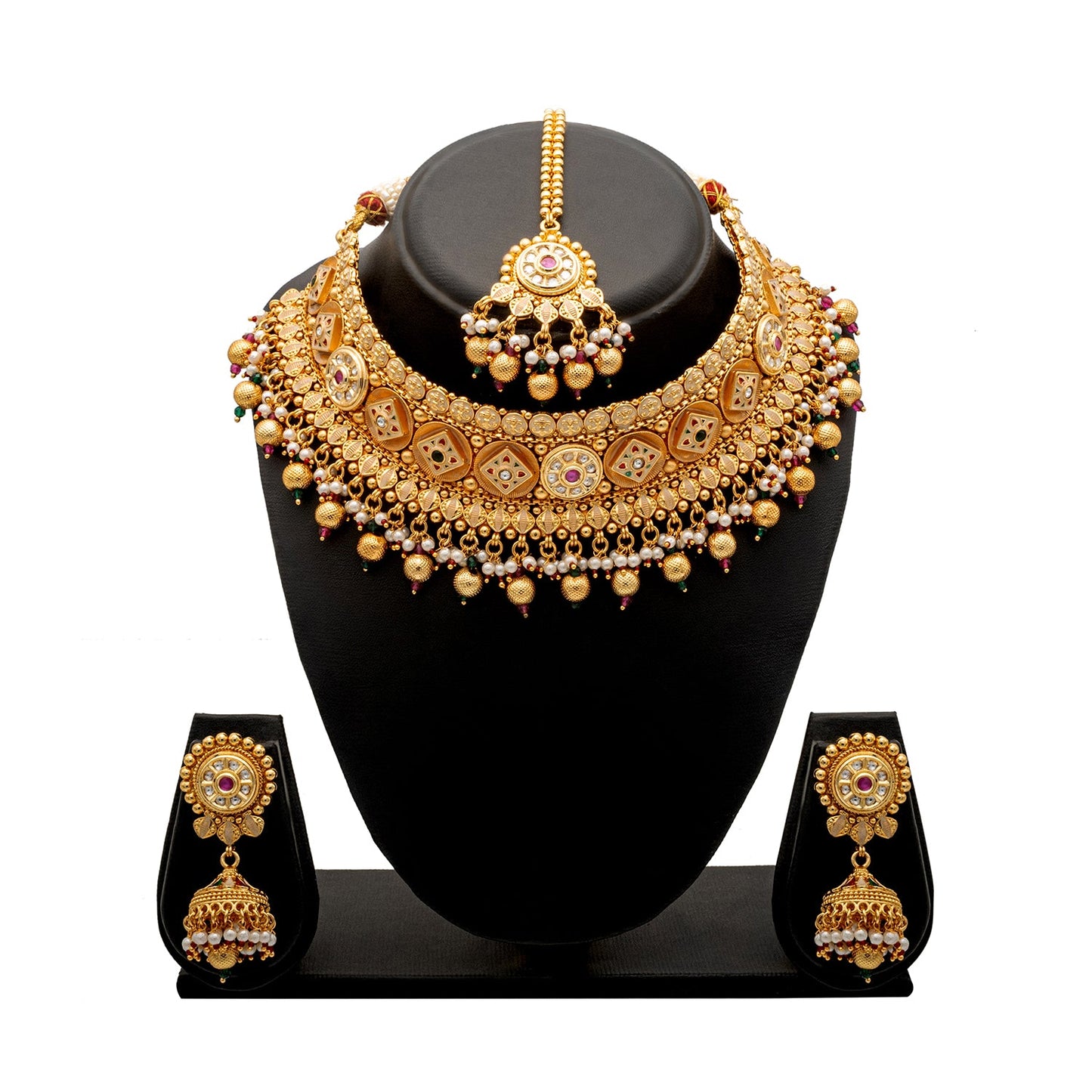 Shining Jewel Traditional Indian Gold Plated Kundan,CZ, Studded Choker Wedding, Bridal Dori Necklace with Matching Earring Jewelry Set For Women - Maroon, Green (SJN_269)