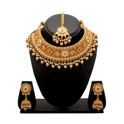 Shining Jewel Traditional Indian Gold Plated Kundan,CZ, Studded Choker Wedding, Bridal Dori Necklace with Matching Earring Jewelry Set For Women - Maroon, Green (SJN_269)