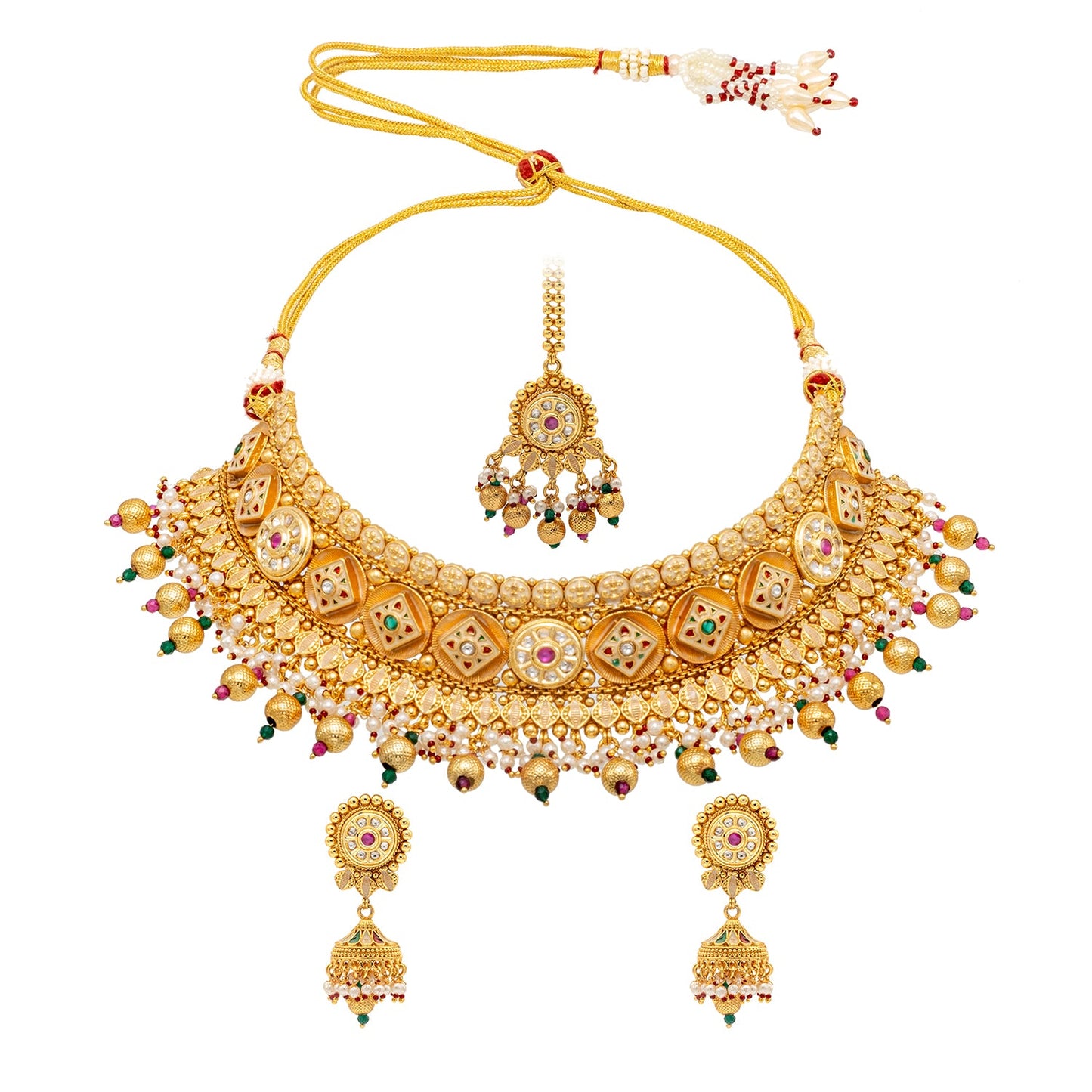 Shining Jewel Traditional Indian Gold Plated Kundan,CZ, Studded Choker Wedding, Bridal Dori Necklace with Matching Earring Jewelry Set For Women - Maroon, Green (SJN_269)
