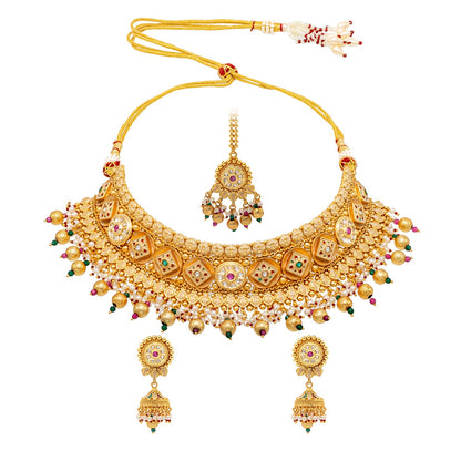 Shining Jewel Traditional Indian Gold Plated Kundan,CZ, Studded Choker Wedding, Bridal Dori Necklace with Matching Earring Jewelry Set For Women - Maroon, Green (SJN_269)