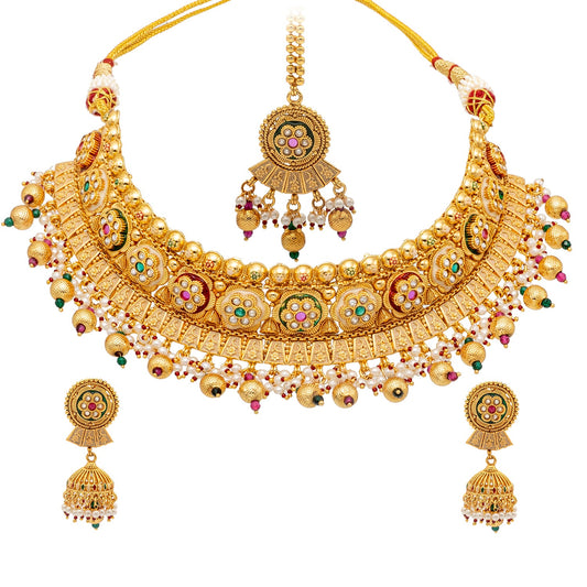 Shining Jewel Traditional Indian Gold Plated Kundan,CZ, Studded Choker Wedding, Bridal Dori Necklace with Matching Earring Jewelry Set For Women - Maroon, Green (SJN_270)