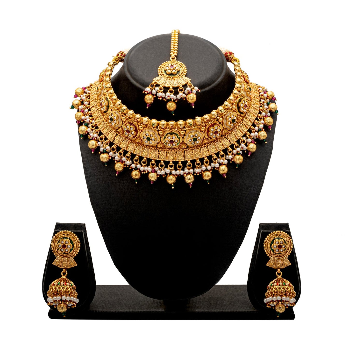 Shining Jewel Traditional Indian Gold Plated Kundan,CZ, Studded Choker Wedding, Bridal Dori Necklace with Matching Earring Jewelry Set For Women - Maroon, Green (SJN_270)