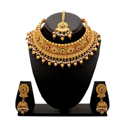 Shining Jewel Traditional Indian Gold Plated Kundan,CZ, Studded Choker Wedding, Bridal Dori Necklace with Matching Earring Jewelry Set For Women - Maroon, Green (SJN_270)