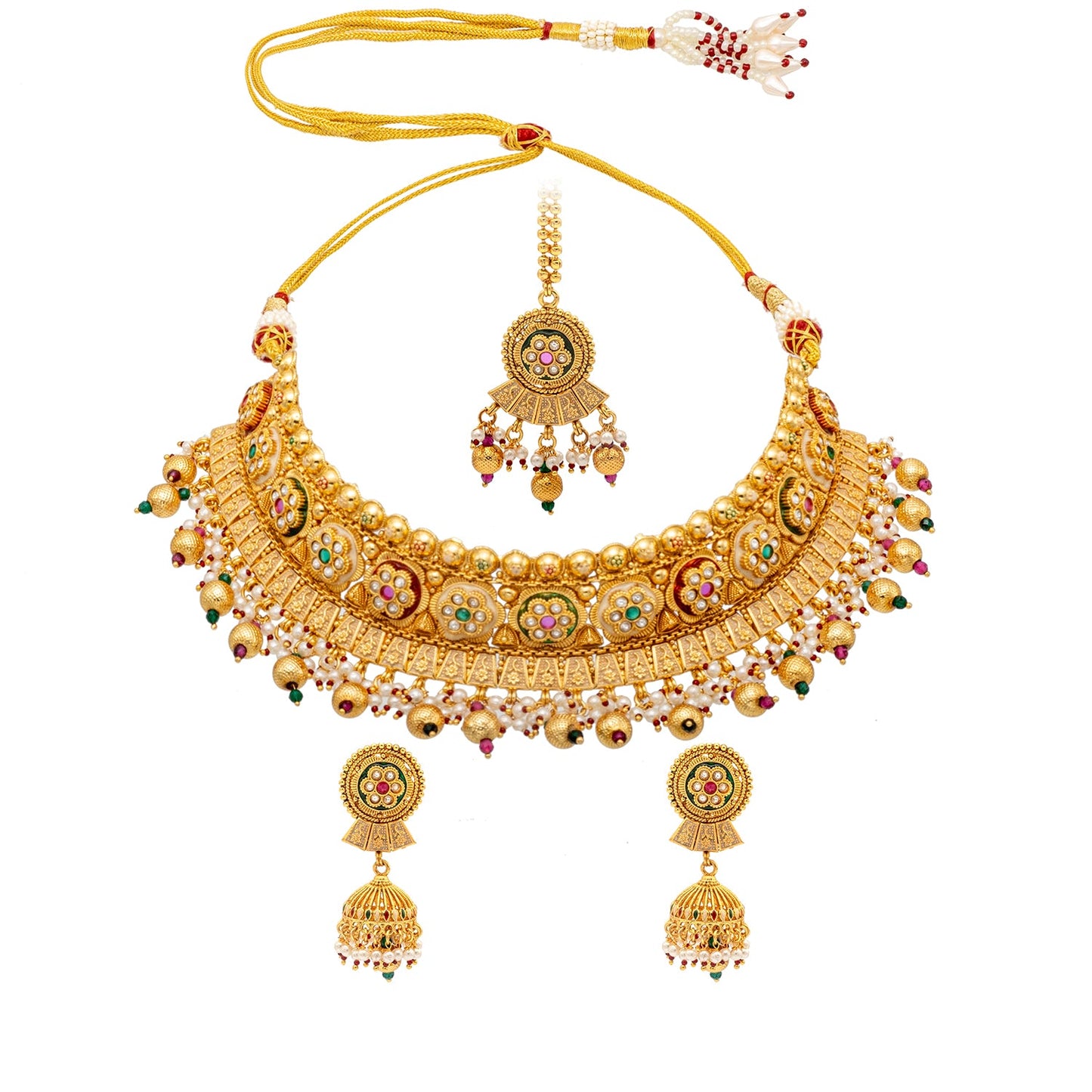 Shining Jewel Traditional Indian Gold Plated Kundan,CZ, Studded Choker Wedding, Bridal Dori Necklace with Matching Earring Jewelry Set For Women - Maroon, Green (SJN_270)