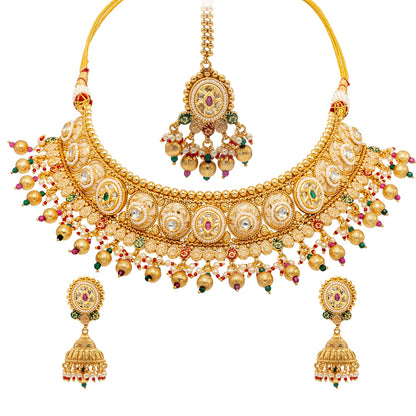 Shining Jewel Traditional Indian Gold Plated Kundan,CZ, Studded Choker Wedding, Bridal Dori Necklace with Matching Earring Jewelry Set For Women - Maroon Green (SJN_271)
