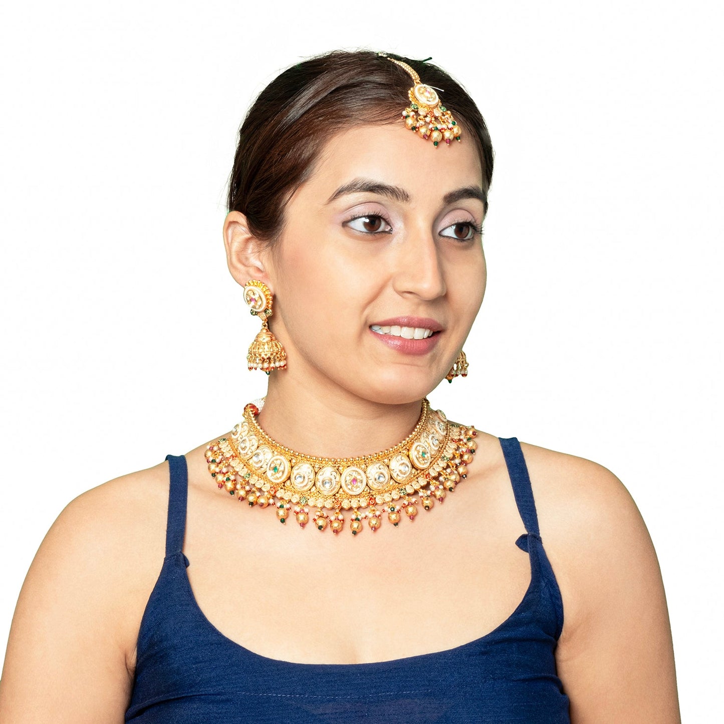 Shining Jewel Traditional Indian Gold Plated Kundan,CZ, Studded Choker Wedding, Bridal Dori Necklace with Matching Earring Jewelry Set For Women - Maroon, Green (SJN_270)