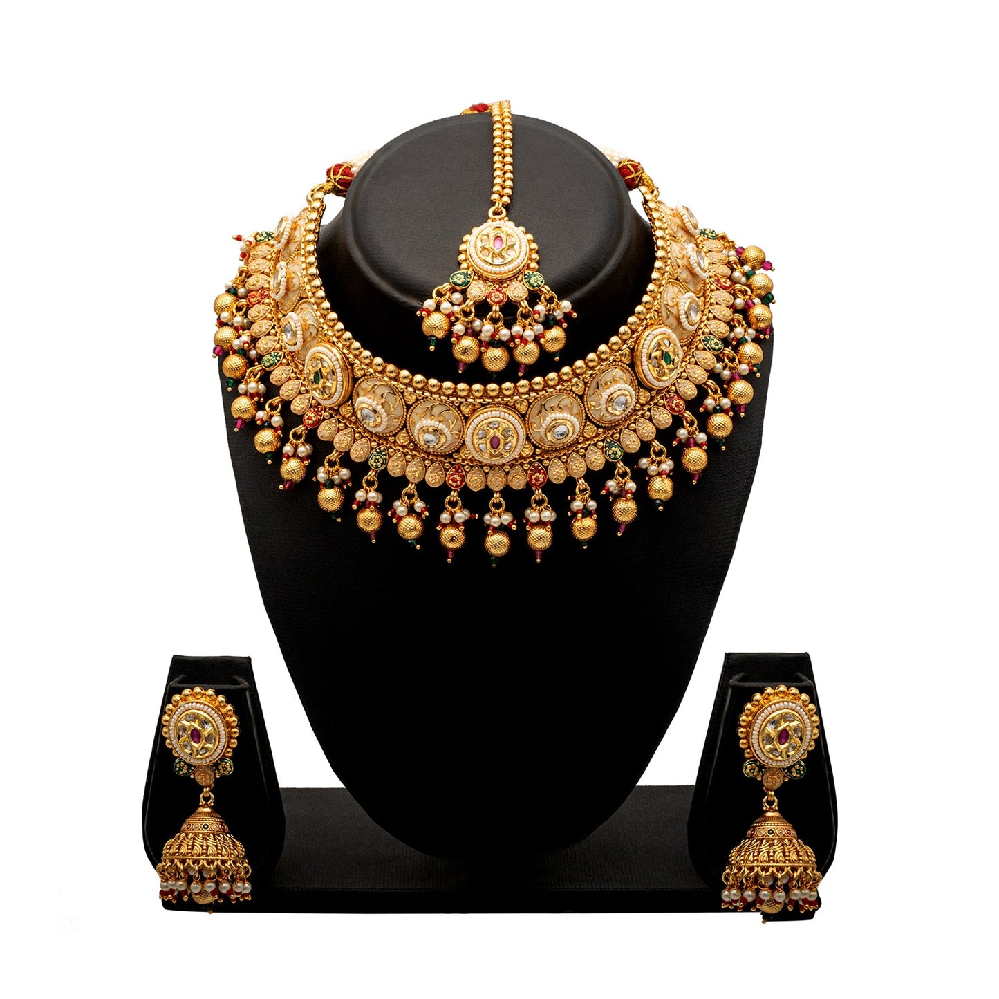 Shining Jewel Traditional Indian Gold Plated Kundan,CZ, Studded Choker Wedding, Bridal Dori Necklace with Matching Earring Jewelry Set For Women - Maroon Green (SJN_271)