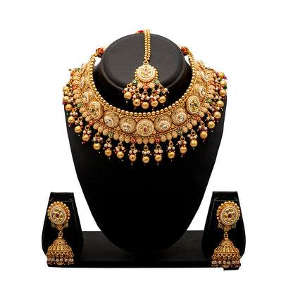 Shining Jewel Traditional Indian Gold Plated Kundan,CZ, Studded Choker Wedding, Bridal Dori Necklace with Matching Earring Jewelry Set For Women - Maroon Green (SJN_271)