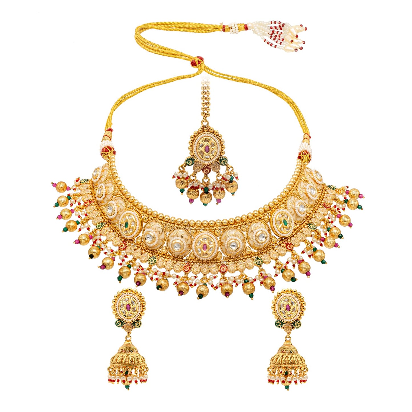 Shining Jewel Traditional Indian Gold Plated Kundan,CZ, Studded Choker Wedding, Bridal Dori Necklace with Matching Earring Jewelry Set For Women - Maroon Green (SJN_271)