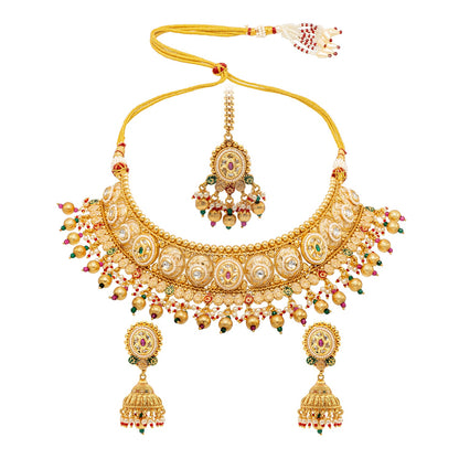 Shining Jewel Traditional Indian Gold Plated Kundan,CZ, Studded Choker Wedding, Bridal Dori Necklace with Matching Earring Jewelry Set For Women - Maroon Green (SJN_271)