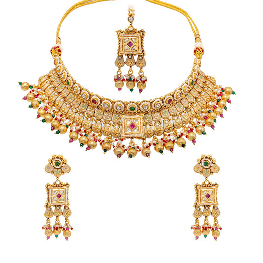 Shining Jewel Traditional Indian Gold Plated Kundan,CZ, Studded Choker Wedding, Bridal Dori Necklace with Matching Earring Jewelry Set For Women - Maroon, Green (SJN_272)