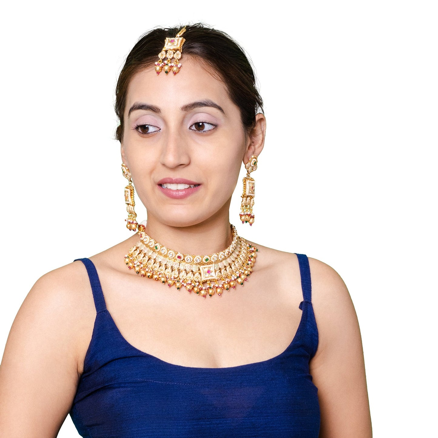 Shining Jewel Traditional Indian Gold Plated Kundan,CZ, Studded Choker Wedding, Bridal Dori Necklace with Matching Earring Jewelry Set For Women - Maroon, Green (SJN_272)
