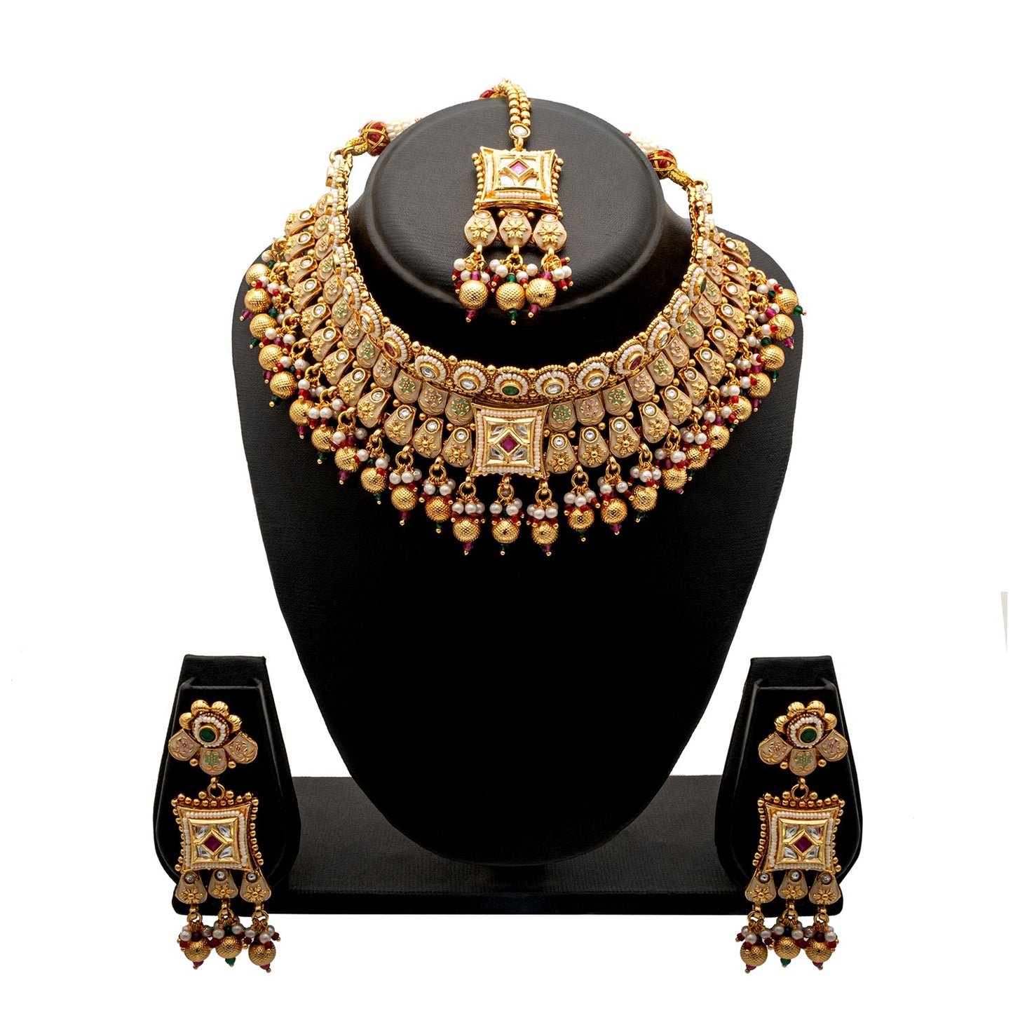 Shining Jewel Traditional Indian Gold Plated Kundan,CZ, Studded Choker Wedding, Bridal Dori Necklace with Matching Earring Jewelry Set For Women - Maroon, Green (SJN_273)
