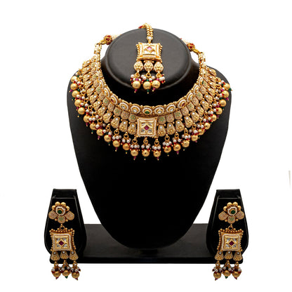 Shining Jewel Traditional Indian Gold Plated Kundan,CZ, Studded Choker Wedding, Bridal Dori Necklace with Matching Earring Jewelry Set For Women - Maroon, Green (SJN_273)