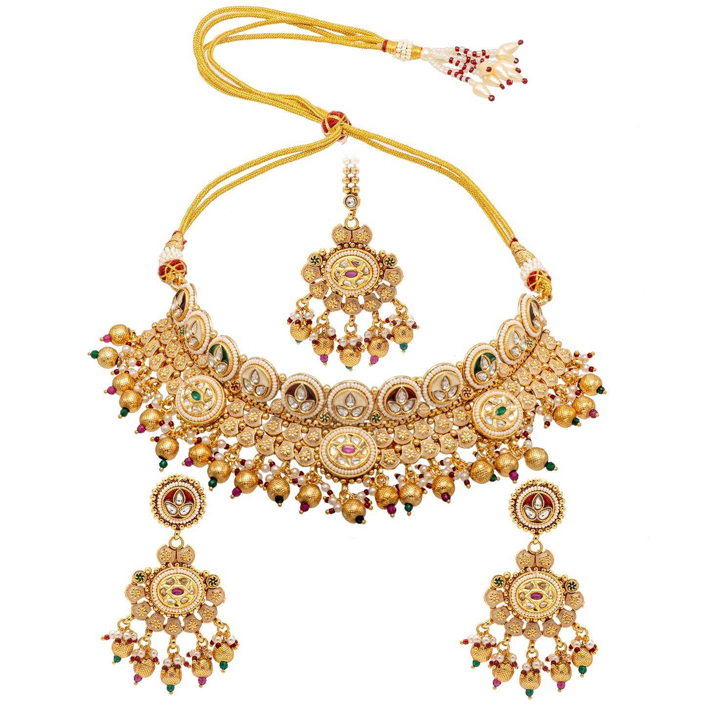 Traditional Indian Gold Plated Kundan,CZ, Studded Choker Wedding, Bridal Dori Necklace with Matching Earring Jewelry Set For Women - Maroon, Green (SJN_273)