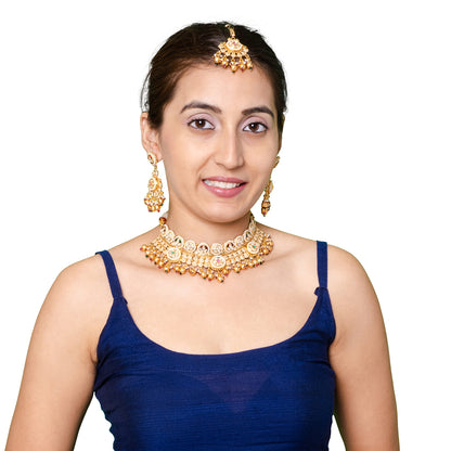 Traditional Indian Gold Plated Kundan,CZ, Studded Choker Wedding, Bridal Dori Necklace with Matching Earring Jewelry Set For Women - Maroon, Green (SJN_273)