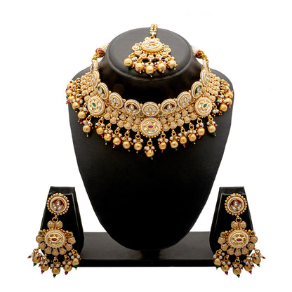 Traditional Indian Gold Plated Kundan,CZ, Studded Choker Wedding, Bridal Dori Necklace with Matching Earring Jewelry Set For Women - Maroon, Green (SJN_273)