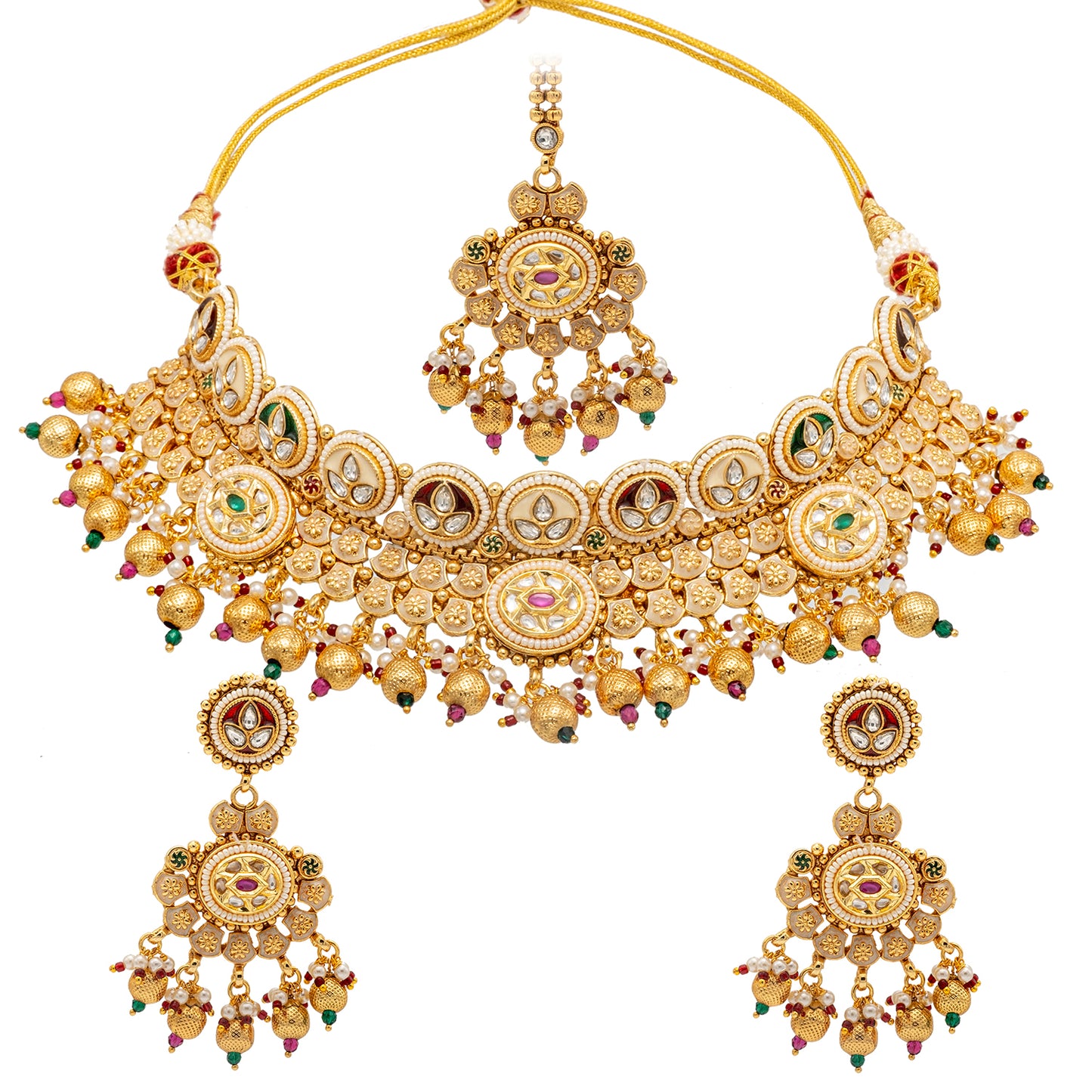 Traditional Indian Gold Plated Kundan,CZ, Studded Choker Wedding, Bridal Dori Necklace with Matching Earring Jewelry Set For Women - Maroon, Green (SJN_273)