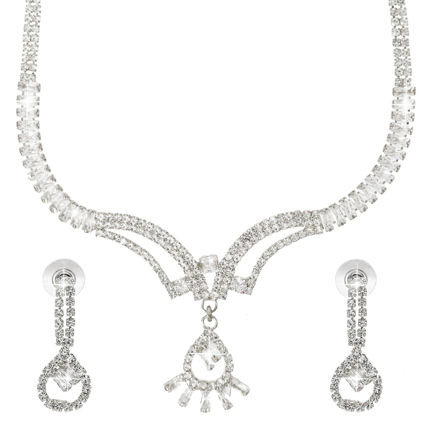 Shining Jewel Silver Plated Western CZ, Crystals & AD Design Necklace with Drop Earrings Jewellery/Jewelry Set for Women (SJN_274_S_D2)
