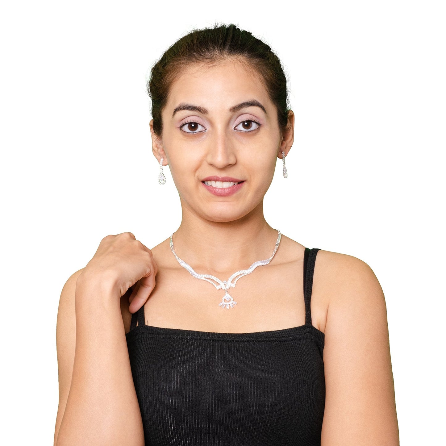 Shining Jewel Silver Plated Western CZ, Crystals & AD Design Necklace with Drop Earrings Jewellery/Jewelry Set for Women (SJN_274_S_D2)