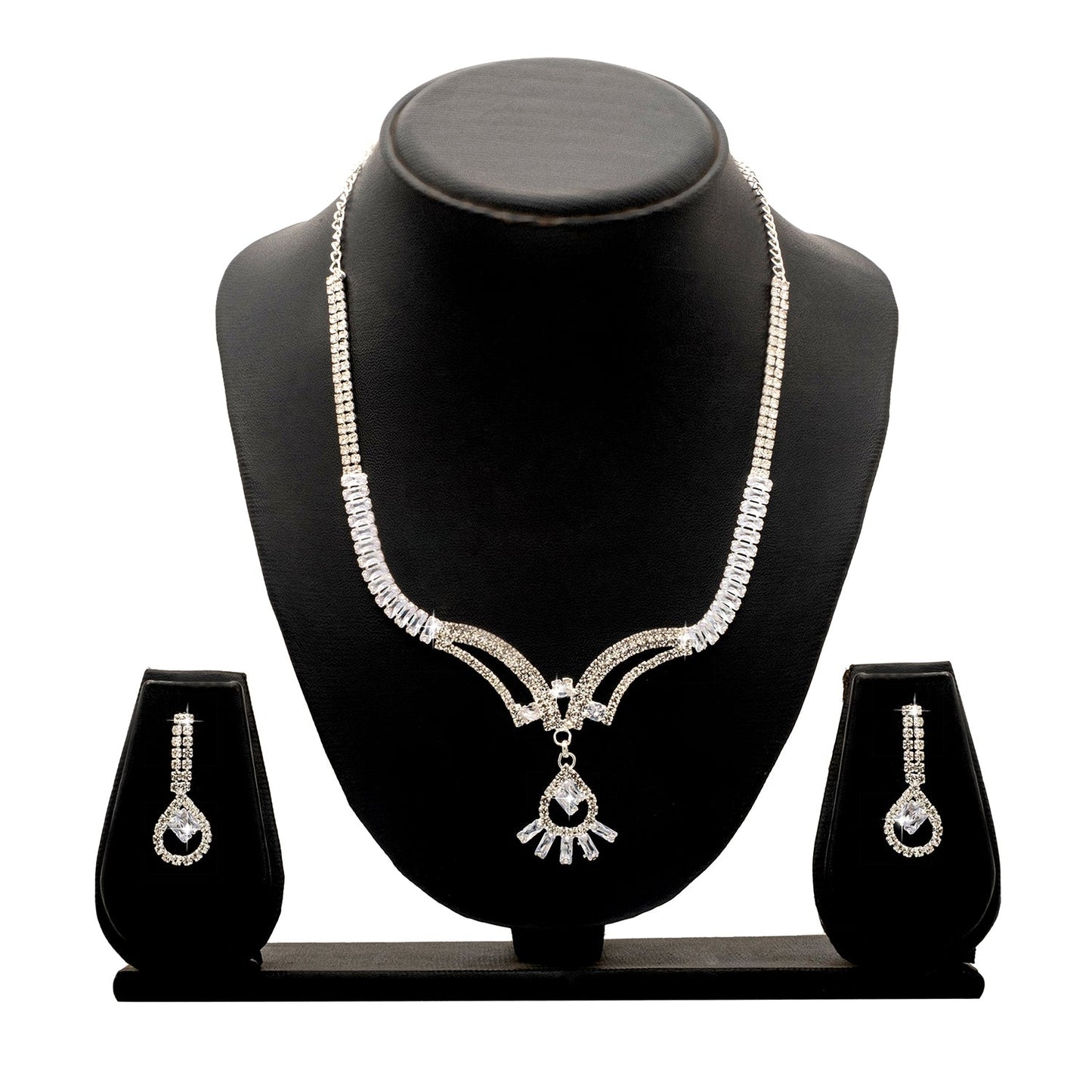 Shining Jewel Silver Plated Western CZ, Crystals & AD Design Necklace with Drop Earrings Jewellery/Jewelry Set for Women (SJN_274_S_D2)