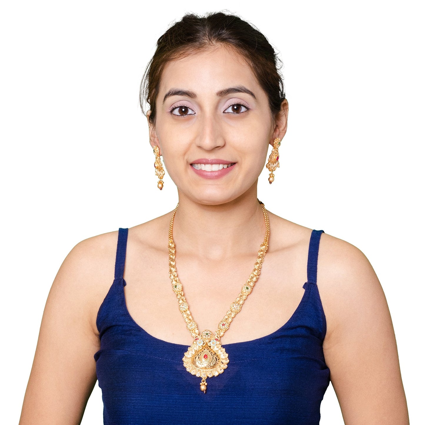 Shining Jewel Handcrafted Gold Plated Kundan,CZ, Studded One Gram Gold Haram Necklace with Matching Earrings Long Bridal Jewellery/Jewelry Set for Women (SJN_275)