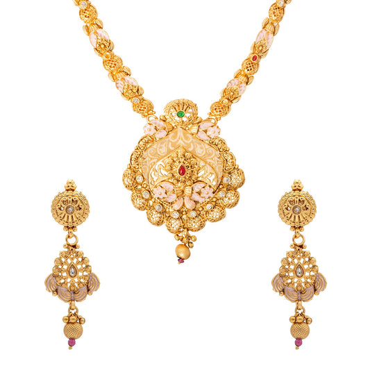 Shining Jewel Handcrafted Gold Plated Kundan,CZ, Studded One Gram Gold Haram Necklace with Matching Earrings Long Bridal Jewellery/Jewelry Set for Women (SJN_276)