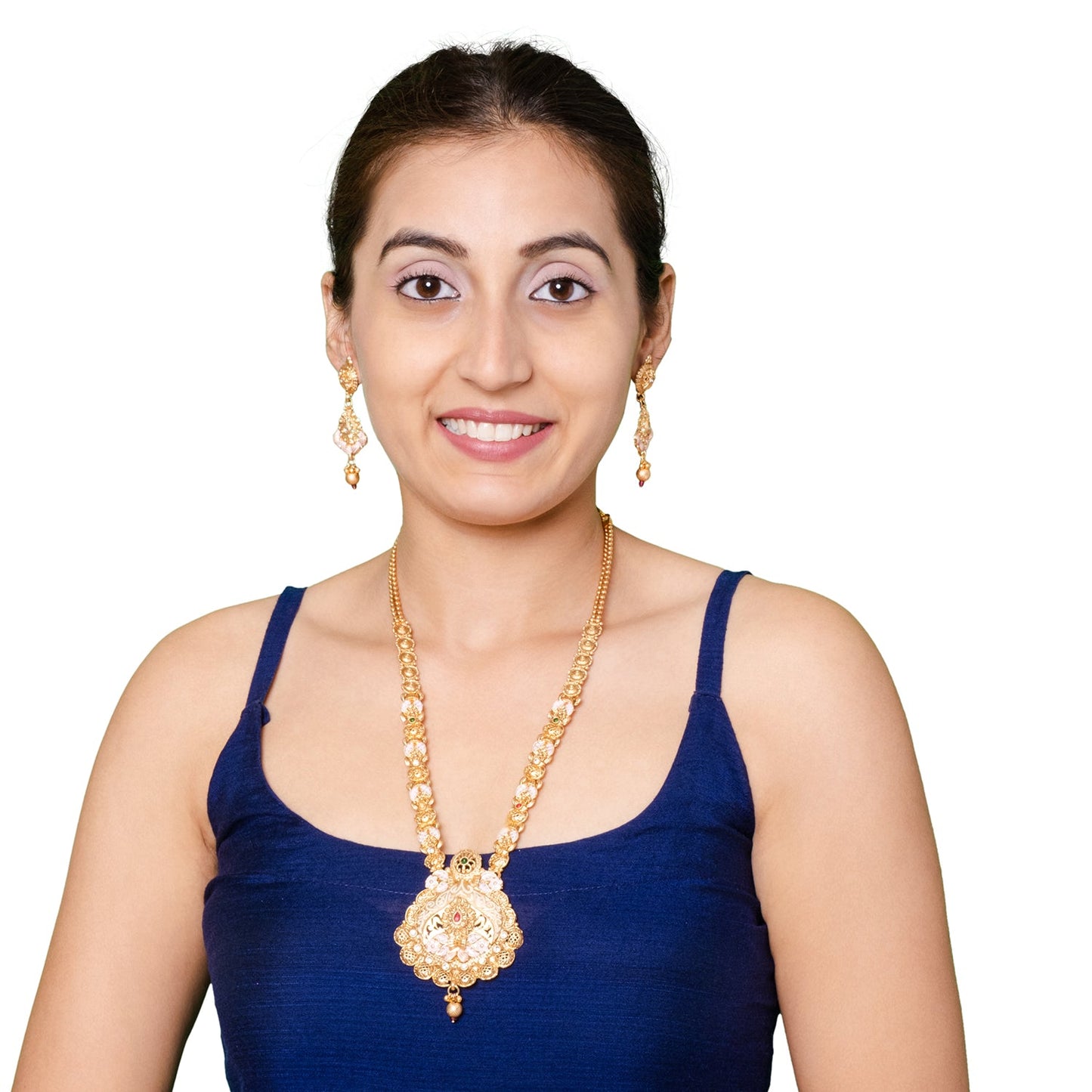 Shining Jewel Handcrafted Gold Plated Kundan,CZ, Studded One Gram Gold Haram Necklace with Matching Earrings Long Bridal Jewellery/Jewelry Set for Women (SJN_276)