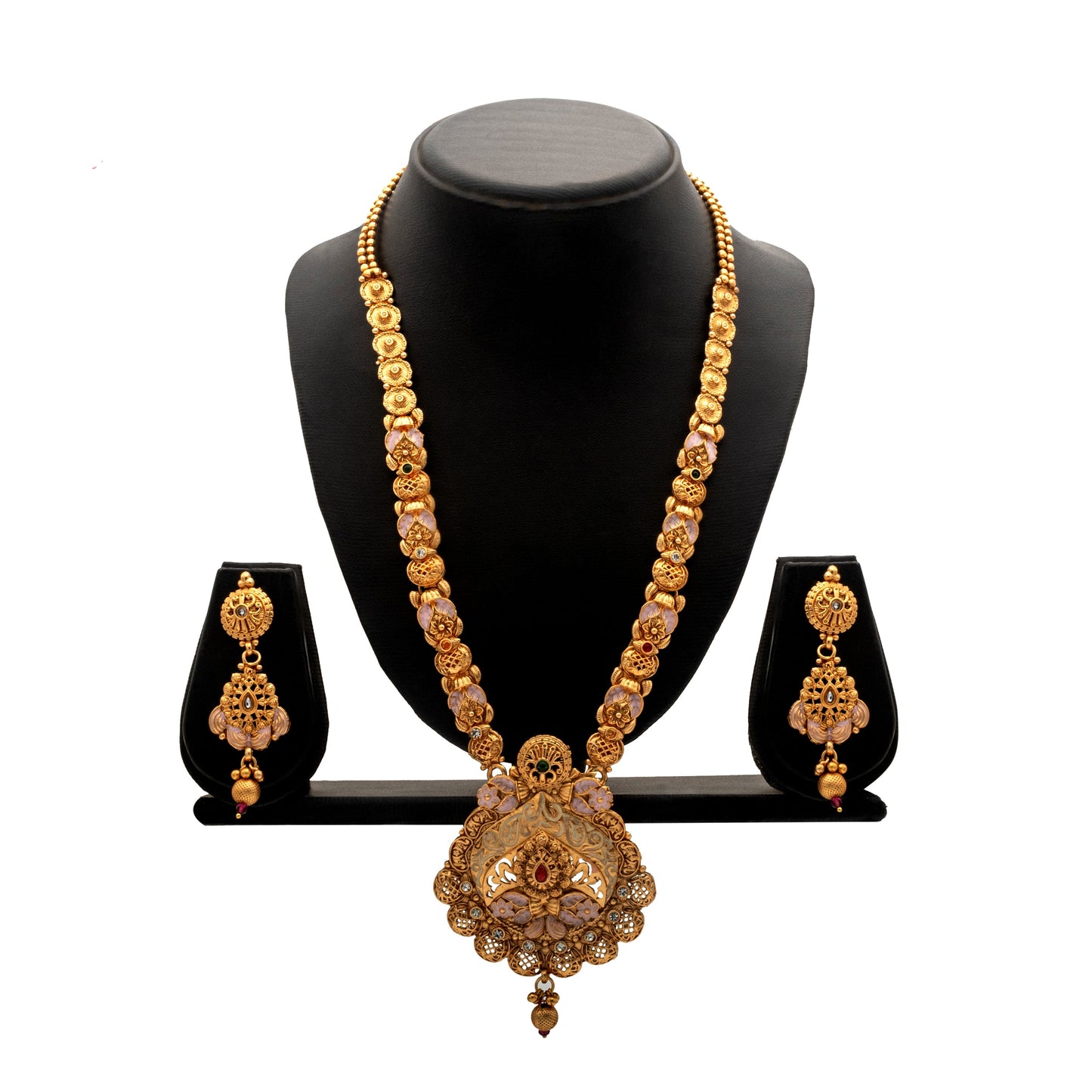 Shining Jewel Handcrafted Gold Plated Kundan,CZ, Studded One Gram Gold Haram Necklace with Matching Earrings Long Bridal Jewellery/Jewelry Set for Women (SJN_276)